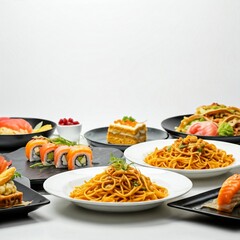 Wall Mural - delicious variety of food on a white tabletop with black plates  sushi salmon and pasta