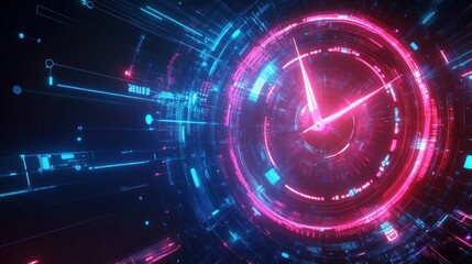 futuristic glowing clock interface with digital elements.