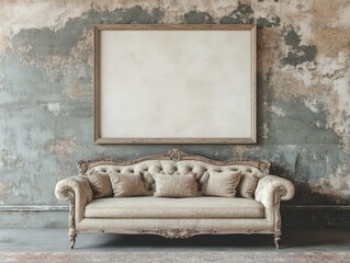 Photo of a large blank frame on the wall above an elegant sofa in a minimalist living room. Web banner with copy space on the right. 