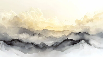 Sticker - Serene Watercolor Landscape: Dreamy Mountains and Clouds at Sunset