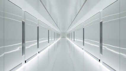  Abstract empty corridor with light. Futuristic white space interior design