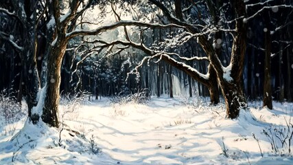 Poster - Sunlit Winter Forest Path with Snow-Covered Trees and Falling Snow