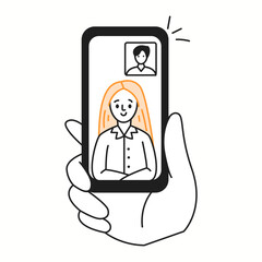 Business people engaging in video call orange color linear icon. Using smartphone for online meeting doodle characters thin line illustration