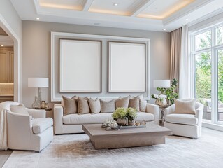 A photo of two large, blank picture frames on the wall in an elegant living room. The room features soft, neutral tones with warm beige and gray accents