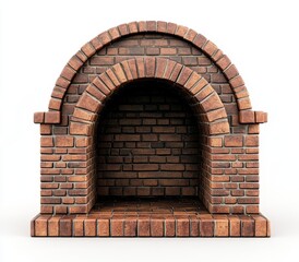 Brick fireplace with arched opening, isolated on white background.