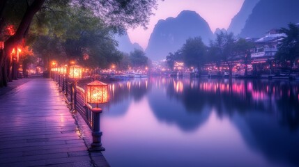 Wall Mural - Serene Night Scene Illuminated Riverfront Walkway and Mountains