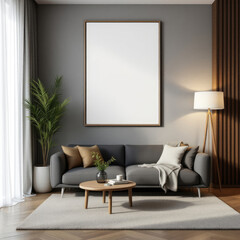 Wall Mural - a gray sofa with throw pillows, a wooden coffee table, a large blank picture frame, a potted plant, and a floor lamp. Cozy modern living room with photo frame design