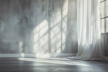 Wall Mural - Sun is shining through window illuminating empty room with white curtains