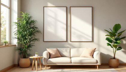 Wall Mural - a white sofa with two tan pillows, a wooden side table, and two potted plants. Cozy modern living room with photo frame design