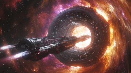 Wall Mural - Spaceship entering a wormhole in a vibrant nebula.