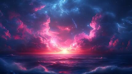 Wall Mural - Pink, blue sunset sky, ocean, lightning, stars, fantasy artwork, digital art, background