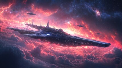 Wall Mural - Futuristic spaceship above red nebula clouds.