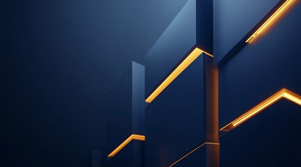 Fototapete - Abstract dark blue geometric shapes with glowing orange lines.