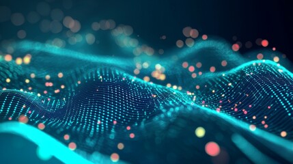 Wall Mural - abstract teal digital wave background with glowing particles and data network visualization