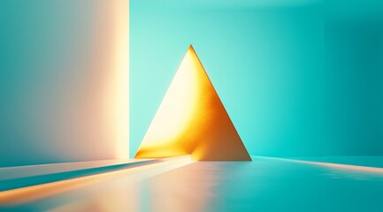 Fototapete - Golden triangle in a turquoise room, lit by a bright light.