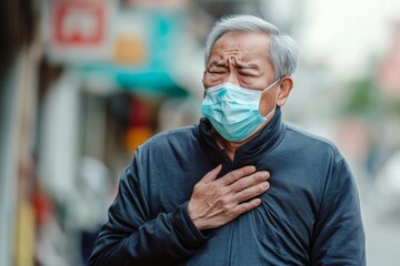 An Elderly  wearing face masks holding his chest in pain, standing on the sidewalk Air with PM 2.5 dust , Generative AI