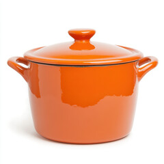 Orange ceramic cooking pot with lid isolated on white background, kitchen utensil for culinary preparation