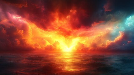 Wall Mural - Fiery sunset ocean apocalyptic sky game background