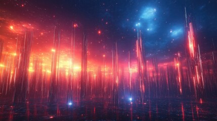 Wall Mural - A colorful, futuristic cityscape with bright red and blue buildings