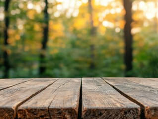 Poster - Empty wooden table inviting you to relax in beautiful autumn forest