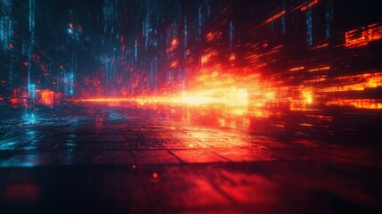 Wall Mural - A computer generated image of a city street with a bright orange line of fire