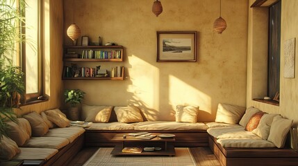 Wall Mural - A rustic-modern living room with Mocha Mousse walls, dark wooden furniture, and beige cushions.