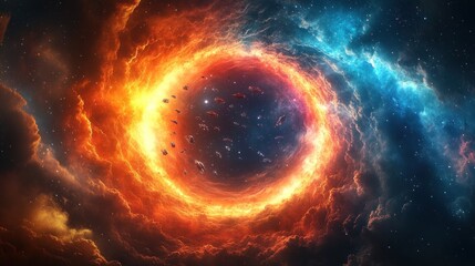 Wall Mural - Fiery and icy nebulae swirl around a cosmic ring, with asteroids passing through.