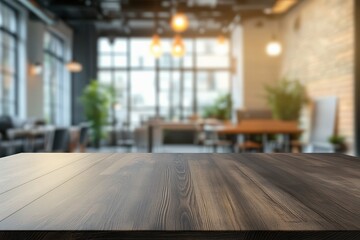 Poster - Dark wood table in blurred cafe, showcasing interior design