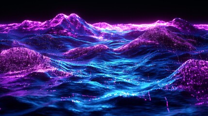Wall Mural - abstract digital waves neon purple and blue glowing energy landscape