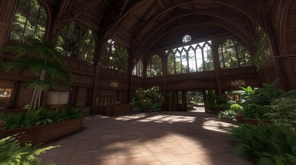 Canvas Print - Sunlit Conservatory Lush Plants in Wooden Cathedral