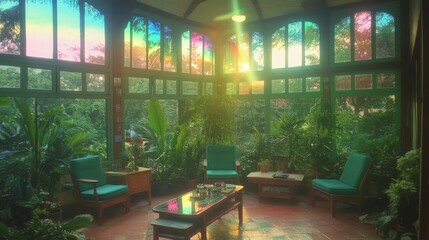 Canvas Print - Sunlit Conservatory with Lush Plants and Seating