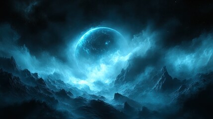Wall Mural - Glowing blue planet over dark, misty mountains.