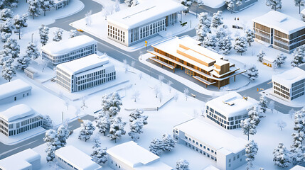 Sticker - Isometric view of a modern urban city covered with snow during the cold winter season, featuring buildings, roads, and trees