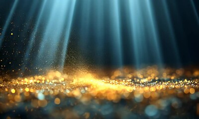 Wall Mural - A shimmering scene with beams of light illuminating floating particles and a sparkling surface.