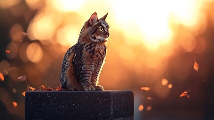 Wall Mural - Cat sunset autumn leaves garden bokeh