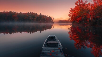 Poster - Serene autumn sunrise over calm lake with small boat on wooden dock.