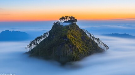 Wall Mural - Serene sunrise over a misty mountain peak, lush vegetation, and vibrant sky.