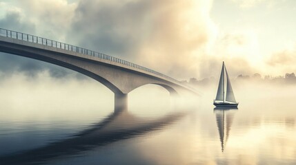 Wall Mural - Serene sunrise scene with sailboat on calm lake under arched bridge in fog.