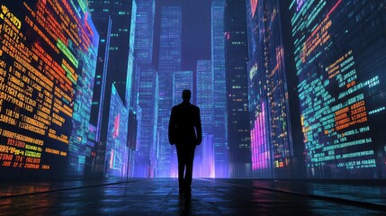 Poster - Silhouette of a man walking down a futuristic city street at night, surrounded by vibrant neon buildings displaying data streams and code.