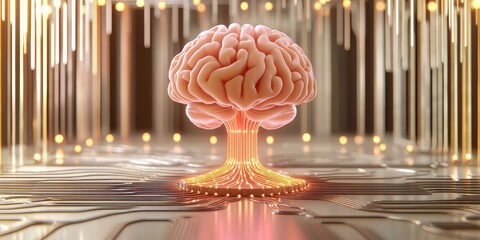 Wall Mural - ai development machine learning training concept. surreal brain design with glowing circuits and lig