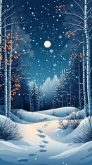 Wall Mural - Snowfall in a winter forest at night with a moonlit path.