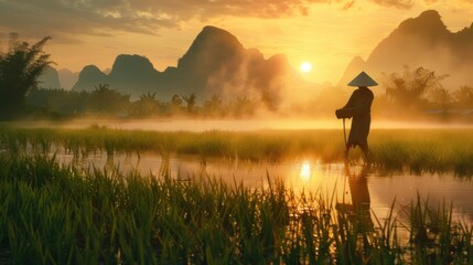 Wall Mural - Silhouetted farmer working in a misty rice paddy at sunrise, with karst mountains in the background.