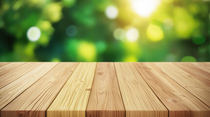 empty wooden table on green grass background
