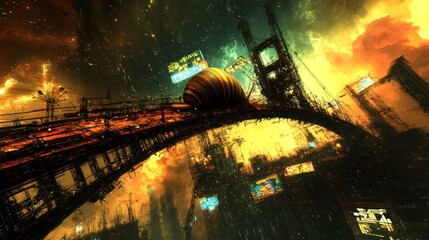 Wall Mural - Snail crossing futuristic, fiery cityscape bridge.