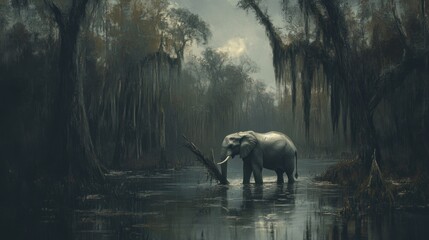 Canvas Print - Solitary elephant wading in a dark, swampy forest, with hanging moss and fallen trees.