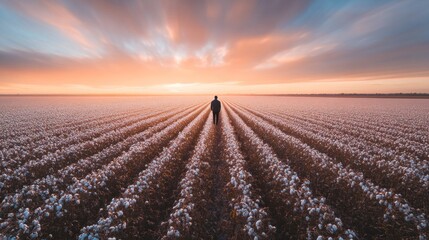 Wall Mural - Solitary figure walking through a vast cotton field at sunrise.