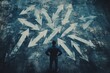 © Patel Studio - Doubtful person, hands on hips, choosing the way as multiple arrows on the road showing a mess of different directions. Choosing the correct pathway, difficult decision concept, Generative AI