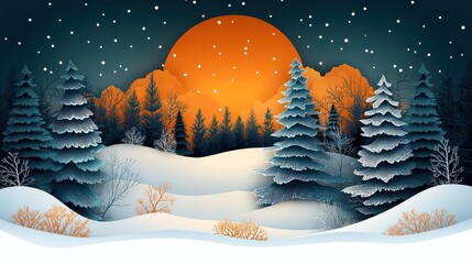 Wall Mural - Snowy winter landscape with frosted trees, orange sunset, and snow-covered hills.