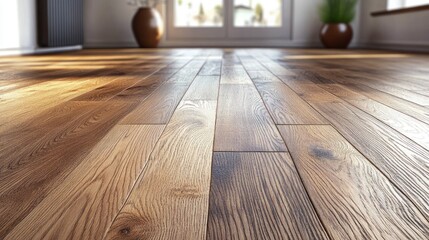 Poster - Sunlit hardwood floor in a modern, bright room.