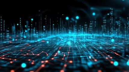 Digital Data Network Futuristic Cityscape Abstract Blue Orange Glow